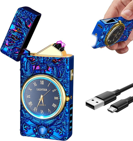 Cool Lighter with Clock Dial Electric Lighter with LED Power Display Plasma Lighter Windproof USB Rechargeable Lighter Gifts for Men Women(BlueDragon)