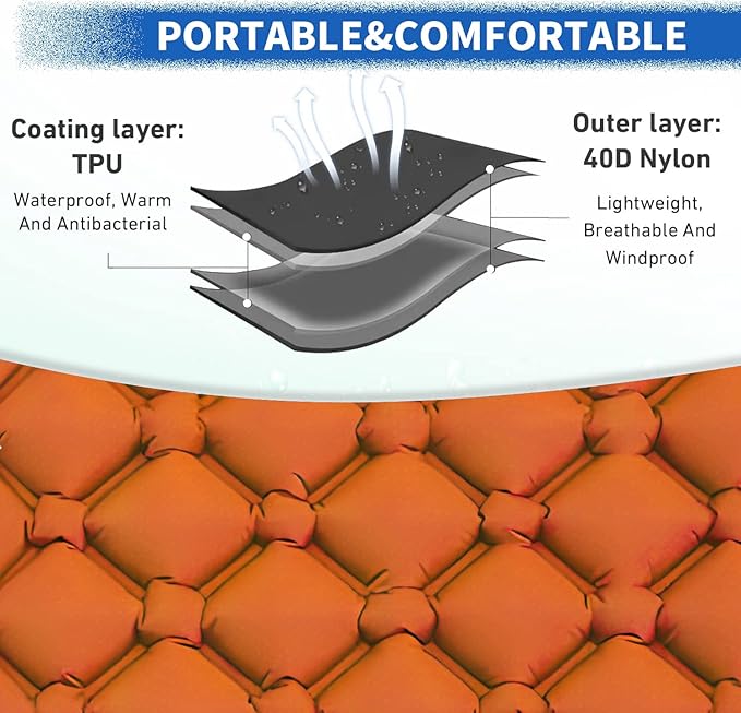 DDD Ultra-Light Inflatable Camping Sleeping Pad with its Built-in Foot Pump and Pillow - The Ultimate Camping pad, Hiking pad, Backpacking Pad and Lightweight for a Outdoor Sleep——Orange