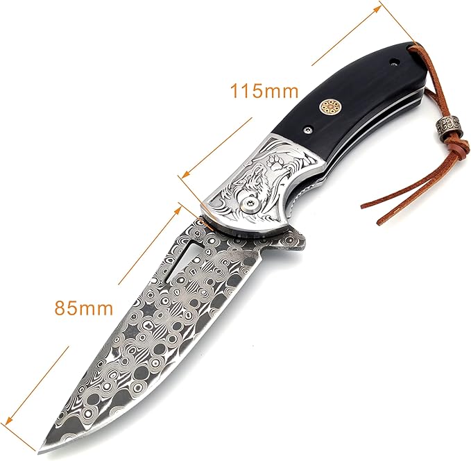 Damascus Folding Pocket Knife，Handmade Forged VG10 Damascus Steel Blade Knife with Wooden Handle，Ideal Gifts for Men Women