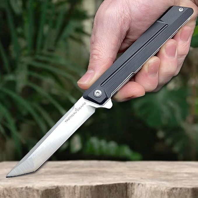 TACTICAL GEARZ EDC Pocket Folding Knife with G10 Handle - Tanto D2 Steel Blade, Nyx ST (Black Beast Bundle)