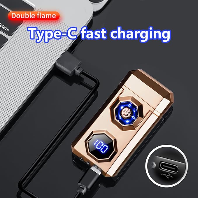 Electric Lighter,Arc Lighters Rechargeable,USB Type-C Fast Charge,High Power Windproof Lighter with LED Battery Display and LED Lighting, Suitable for Camping,Scented Candles(Gold)