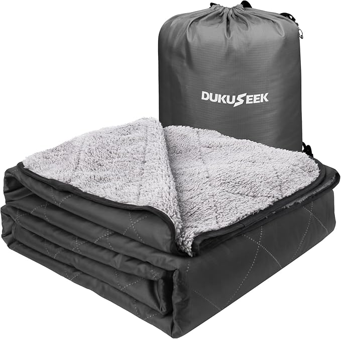 DUKUSEEK Sherpa Waterproof Camping Blanket with Hood - Warm Large Fleece Outdoor Stadium Blanket for Car, Boat, Picnic, Outdoor Sporting Events, Windproof Sports Blankets for Cold Weather