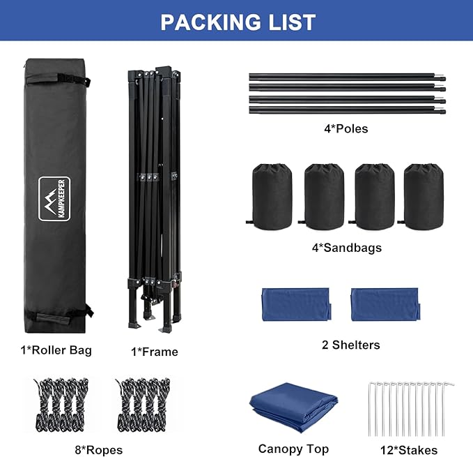 KAMPKEEPER 10x10 pop up Canopy Tent with 2 sidewalls Silver-Coated,Outdoor Canopy Tent for Parties with 2 Shelters,with 4 Poles, 4 Sandbags,8 Ropes,12 Stakes,and 1 Roller Bags
