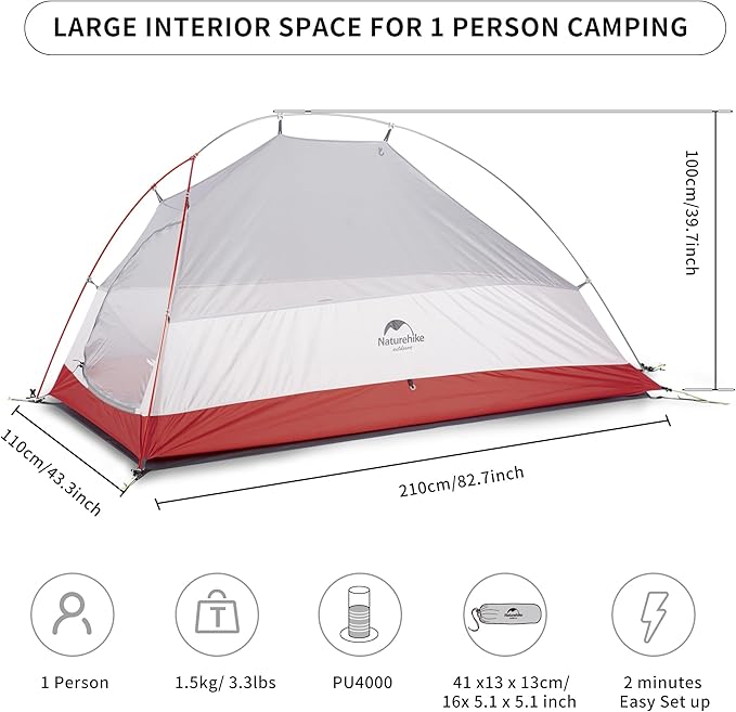Naturehike Cloud-Up 1 Person Tent, Lightweight Backpacking Tents for One Man, Waterproof Ultralight One Person Tent for Camping Hiking Backpacking