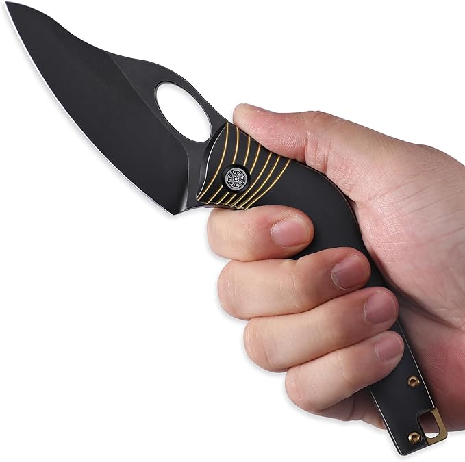 Knife Amuse-C04 Thumb Hole Knife,3.85" M390 Steel Blade Stonewashed,6AL4V Titanium Handle,Frame Lock Folding Knife,Titanium Pocket Clip(Black)