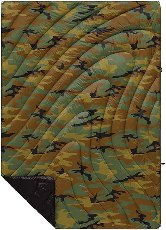 Rumpl Original Puffy Blanket - Warm Puffy Camping Blanket, 100% Recycled Polyester Insulation, Lightweight, Packable, Water-Resistant, Outdoor Puffer Blanket, 52"x75", Woodland Camo