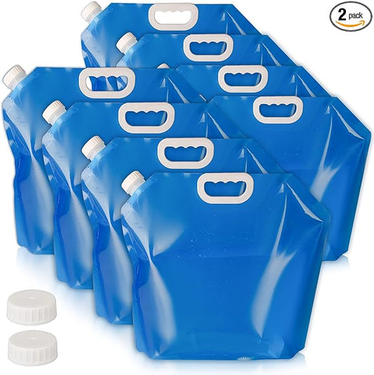 Hakkin Collapsible Water Container Bag 8 Pcs 5L/(1.3 Gallon), No-Leak Freezable Portable BPA Free Food Grade Plastic Storage Jug for Camping, Hiking, Travel, Emergency Survival Kit Bonus 2 Pcs Caps