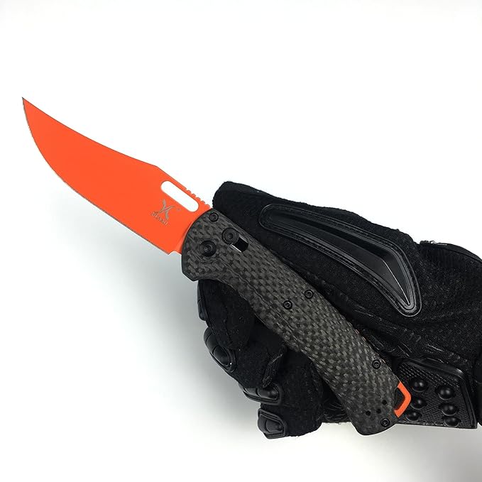 HUAAO Manual Open Folding Knife, Axis Lock Knife with 3.43’’ Orange D2 Blade Black Carbon Fiber Handle, EDC Pocket Knife with Clip for Camping Hunting
