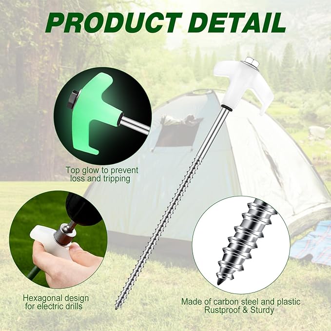 Hicarer 60 Pcs 8'' Screw in Tent Stakes Heavy Duty Ground Anchors Screw in Tent Pegs Ground Stakes Tent Spikes Metal Tent Spikes with Hex Head Driver for Camping Garden Canopies (Luminous White)