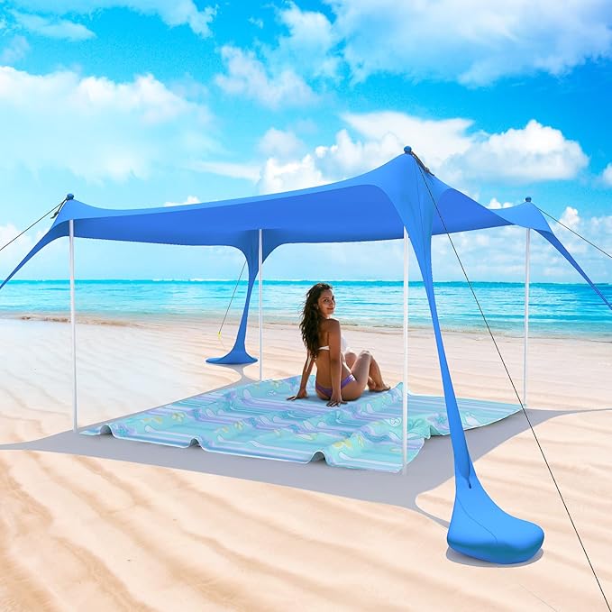 Beach Tent Pop Up Shade Canopy Sun Shelter UPF50+ with 4 Stability Poles/Carry Bag/Ground Pegs/Sand Shovel/Windproof Ropes Portable Outdoor Family Sunshade for Beach Camping(Royal Blue10×10FT)