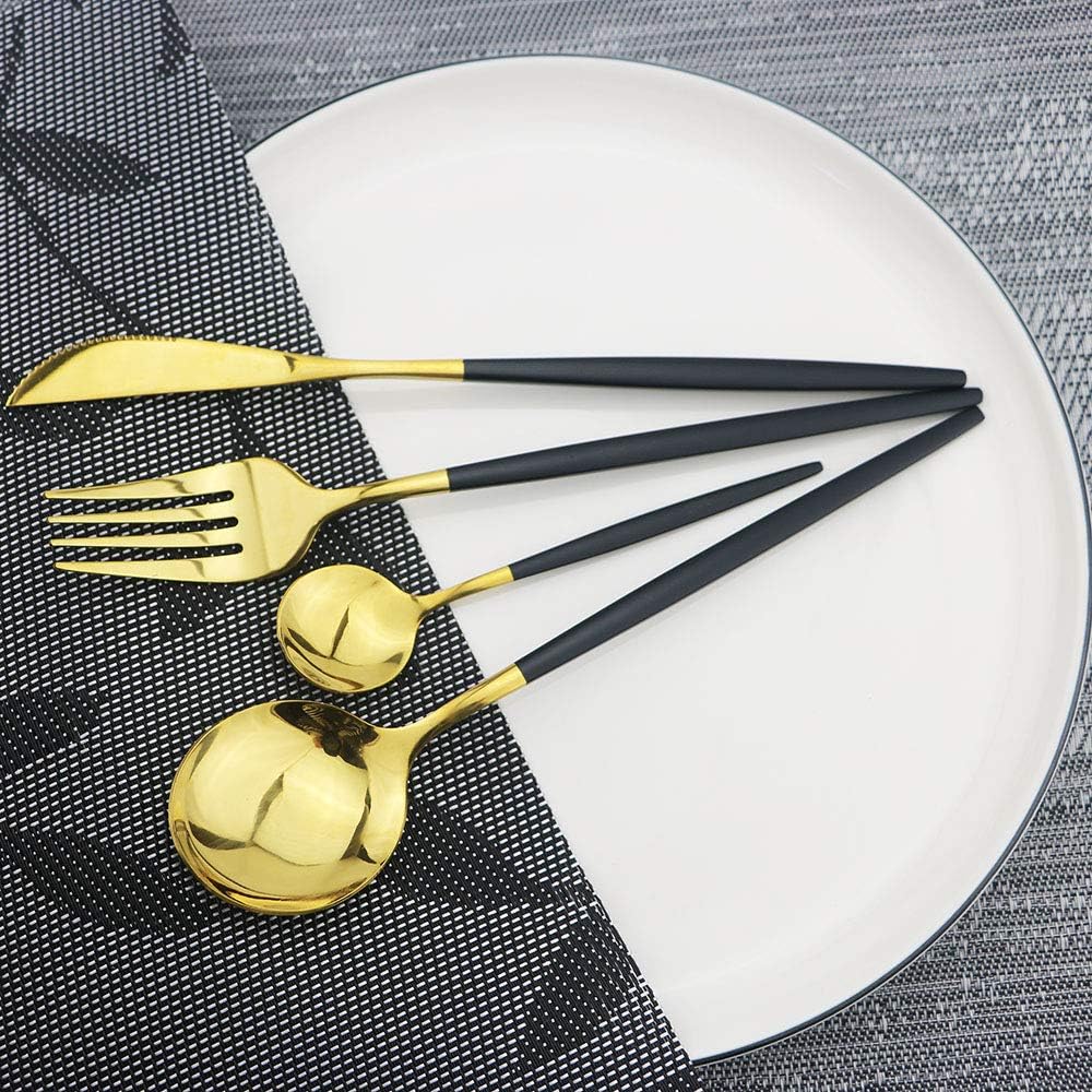 JASHII Black GoldSilverware Set, 20-Piece Stainless Steel Flatware With Satin Finish, Kitchen Utensils, Mirror Polished Tableware Cutlery for Home and Restaurant, Dishwasher Safe