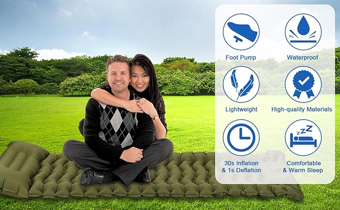 Camping Sleeping Pad, Ultralight Inflatable Sleeping Mat with Pillow, Compact Waterproof Camping Air Mattress, 77in x 27in x 3.54in Sleeping Mat for Traveling/Hiking (Green)