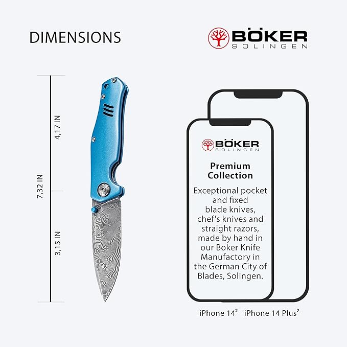 Boker Solingen® 1969 Z28 Damascus pocket knife - Damascus EDC folding knife with blue aluminum handle - linerlock knife with clip in Camaro design - handcrafted EDC knife in case with gift box