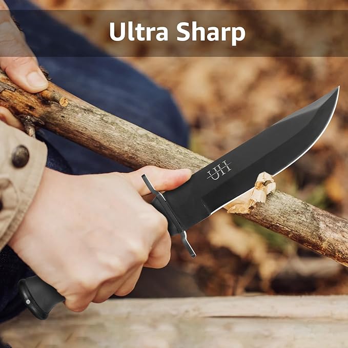 HU 5.5'' Fixed Blade Pocket Knife - Sharp Stainless Steel - Matte Black/Military Green- for Camping, Hiking, Survival, Unboxing package (Military Green)