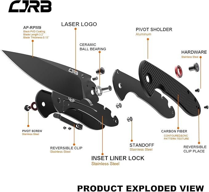 CJRB CUTLERY Folding Knife Feldspar(J1912) AR-RPM9 Powder Steel Black PVD Blade Carbon fiber Handle Pocket Knife EDC Knife, Carbon Fiber Handle