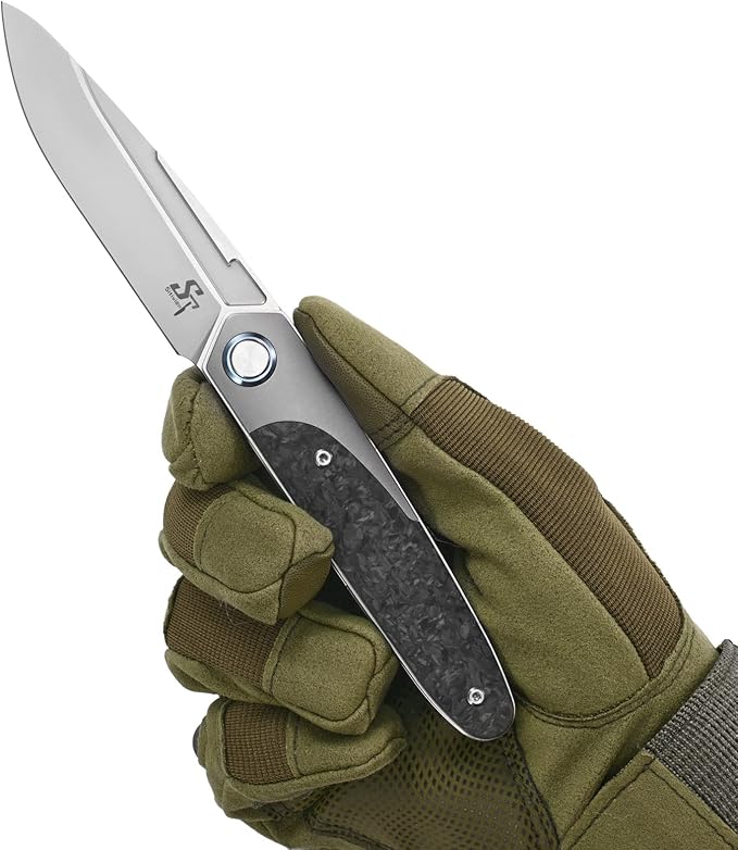 Sitivien ST992 Folding Pocket Knife,Handmade M390 Pearlescent Brushed Steel Blade,Titanium Carbon Fiber Handle EDC Tool Knife for Outdoor Camping,Hiking,Survival,Hunting(Gray) …