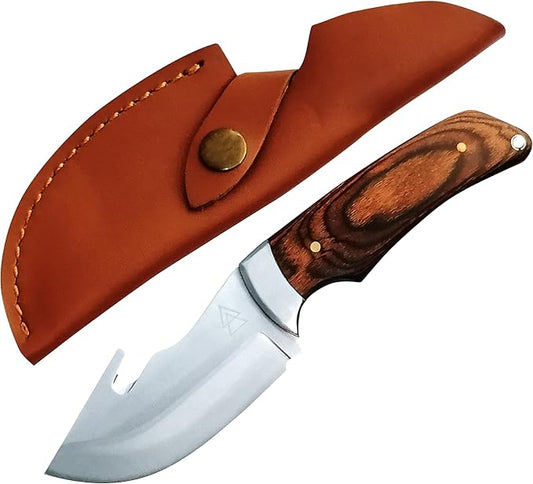 Hunting Knife with Gut Hook, 7.68" Gut Hook Hunting Knife with 440C Stainless Steel Outdoor Gut Hook Knives, Leather Sheath Included by Kratos - ZFS3