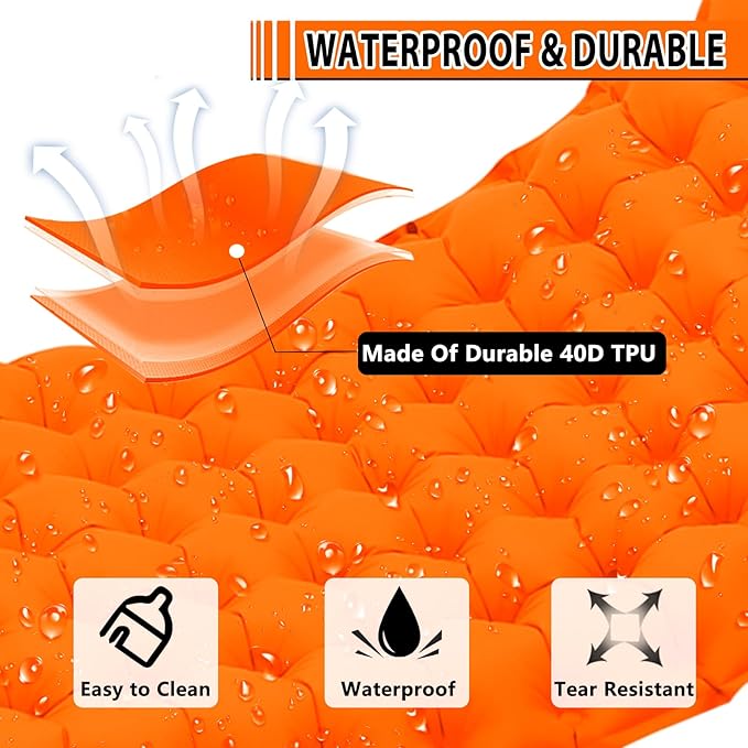 Self Inflating Sleeping Pad Camping Sleeping Mat, Built-in Foot-Pump & Pillow Inflatable Camping Mat Single Air Mattress Sleeping Pad for Camping Hiking Tent Travel Outdoor, Orange