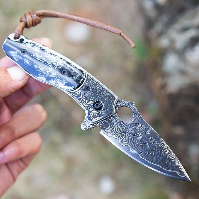 handmade damascus steel pocket knife with leather sheath,liner lock bone handle,japanese vg10 core 2.8in blade,folding knives for camping and fishing,edc for men and women
