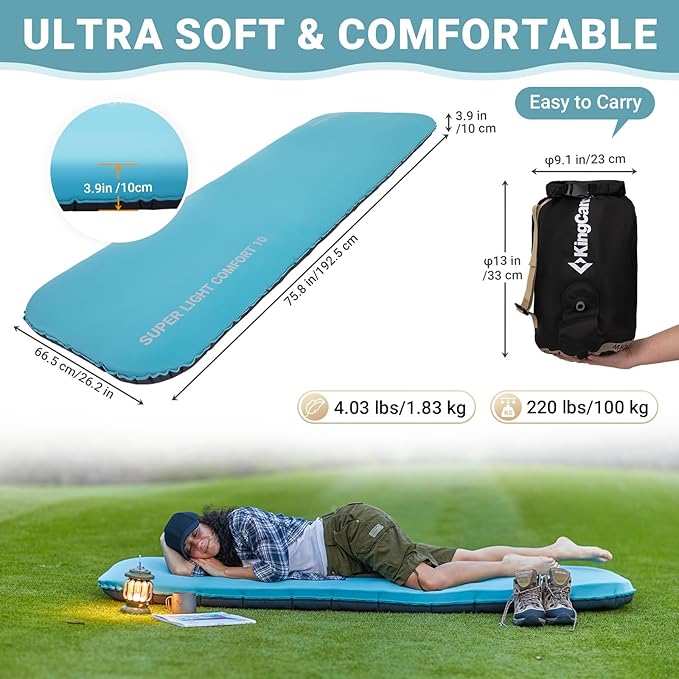 KingCamp Ultrathick Self-Inflating Camping Mat - 4" Memory Foam Sleeping Pad for Backpacking, Traveling, Hiking, Car Camping - Lightweight 4-Season Camping Mattress