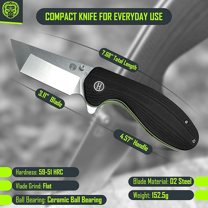 Holtzman's Gorilla Survival Folding Knife D2 Steel Blade G10 Handle Pocket Knife EDC Giftset for Men and Women (half stonewashed half silver blade + black/green liner)