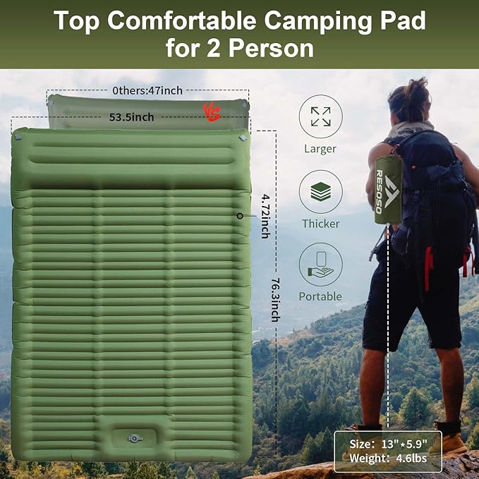 Double Sleeping Pad for Camping,4.75" Ultra-Thick Camping Mattress with Pillow Built-in Foot Pump, Self Inflating Camping pad for Backpacking, Car Camping, Hiking, Tent(Green)