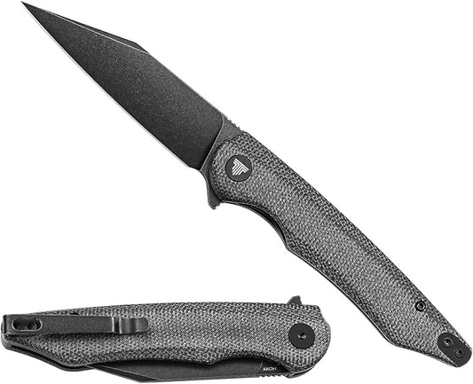 Pocket Knife with Reversible Clip，3.66'' Black PVD Titanium Coating 14C28N Blade Micarta Handle with Liner Lock Lightweight Folding EDC for Men Camping Hunting，Lynx-04