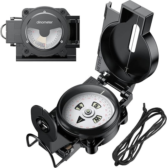 Hiking Compass with Clinometer, Strong Magnetic Intensity 3000 Gauss Military Lensatic Sighting Compass with Lanyard & Pouch, Survival Compass for Hiking Camping Hunting Outdoor (Black)