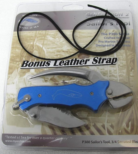 MYERCHIN SAILING KNIFE COMBO TOOL MARLIN SPIKE P300BL with Leather Lanyard Strap 🐳