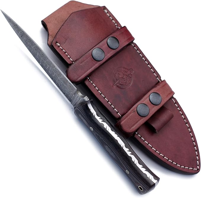 Handmade Damascus Steel Fixed Blade Bowie Knife For Edc,Hunting,Survival,Camping,Bushcraft and Fishung with Fixed Blade Spear Point Blade and Full Tang Micarta Handle with Cowhide-Leather Sheath-WKD-779