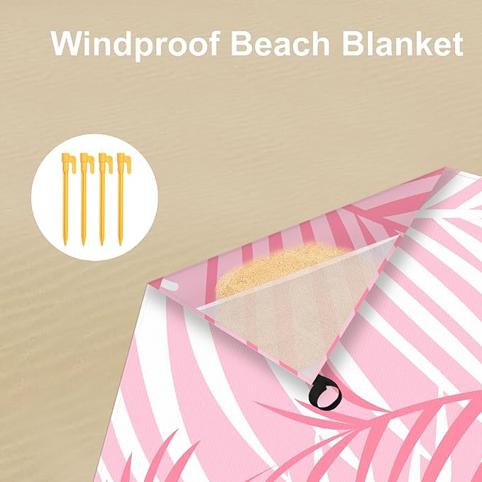 78''×86'' Pink Beach Blanket 1-4 Adults, Polyester Waterproof Sandproof Beach Mat with 4 Stakes & Pockets, Large Compact Foldable Outdoor Blanket for Picnic, Travel, Camping - Tropical Palm Leaves