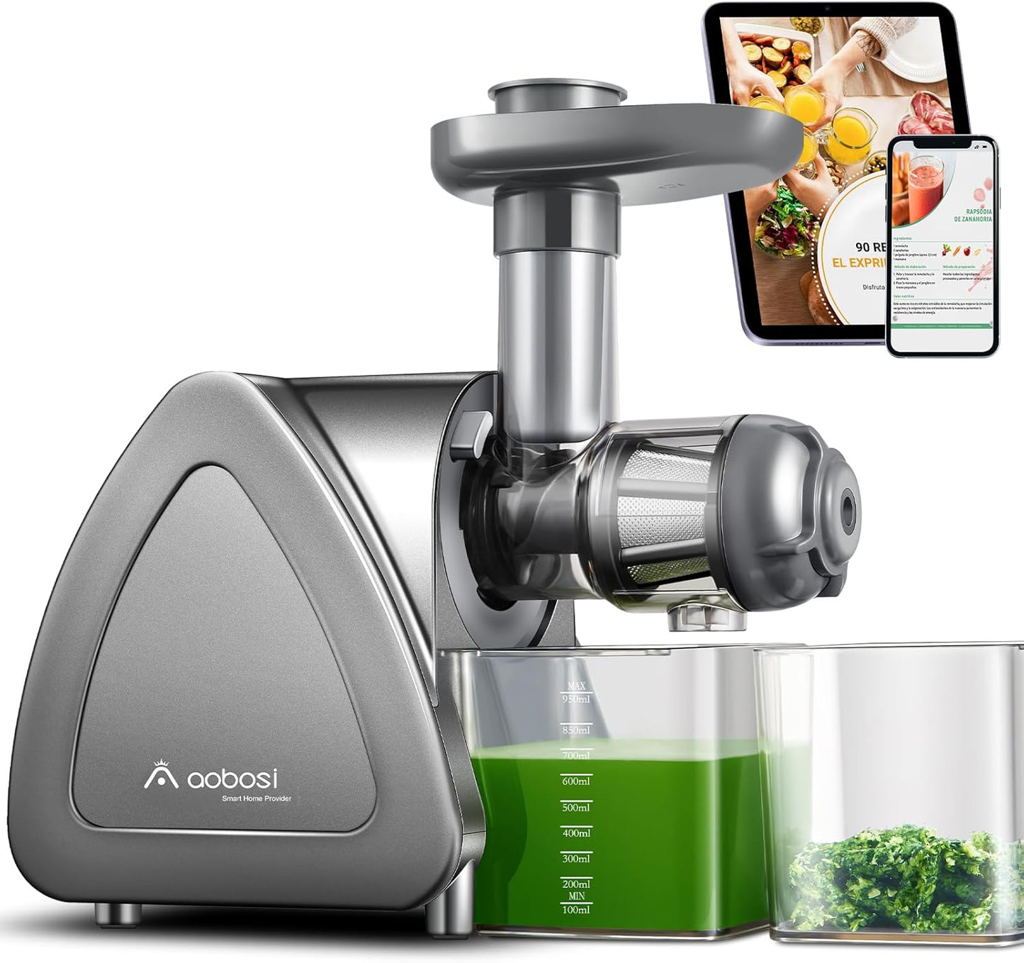 Juicer Machine, Aobosi Slow Masticating Juicers, Cold Press Juicer Machines with Reverse Function, Quiet Motor, High Juice Yield with Juice Jug & Brush for Cleaning (Gray)