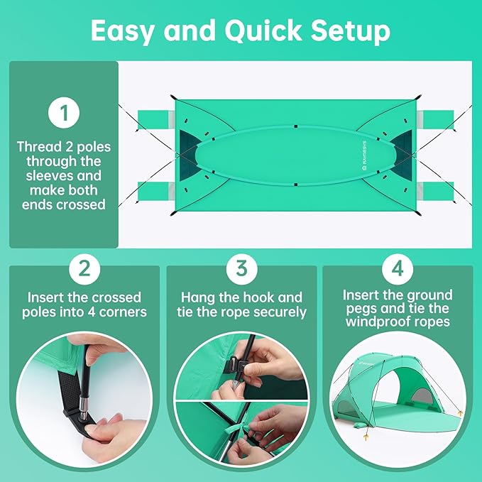 Beach Tent Sun Shelter, Beach Shade Tent with UPF50+ UV Protection, Beach Sun Shelter, Beach Shade with 2 Zippered Doors, Portable Beach Tent for Beach Camping Fishing