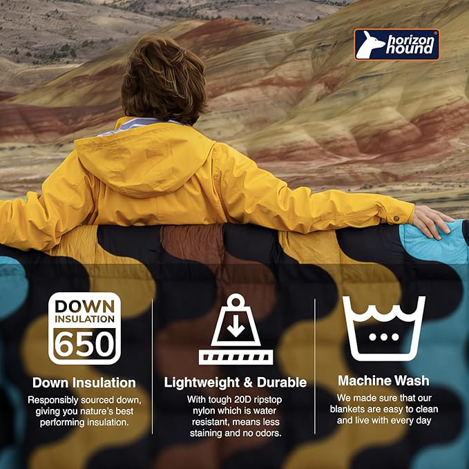 Horizon Hound Down Camping Blanket - Outdoor Travel Blanket | Sustainable Insulated Down | Lightweight & Warm Quilt for Camping, Stadium, Hiking & Festival | Water Resistant, Packable & Compact