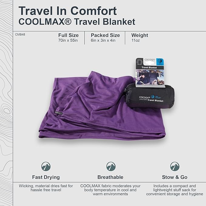 COCOON - Coolmax Travel Blanket | Compact Throw Blanket for Camping and Hiking | Fits in Backpack | Attaches to Luggage | Travel Essential | Fast Drying (Regular 70" x 55")