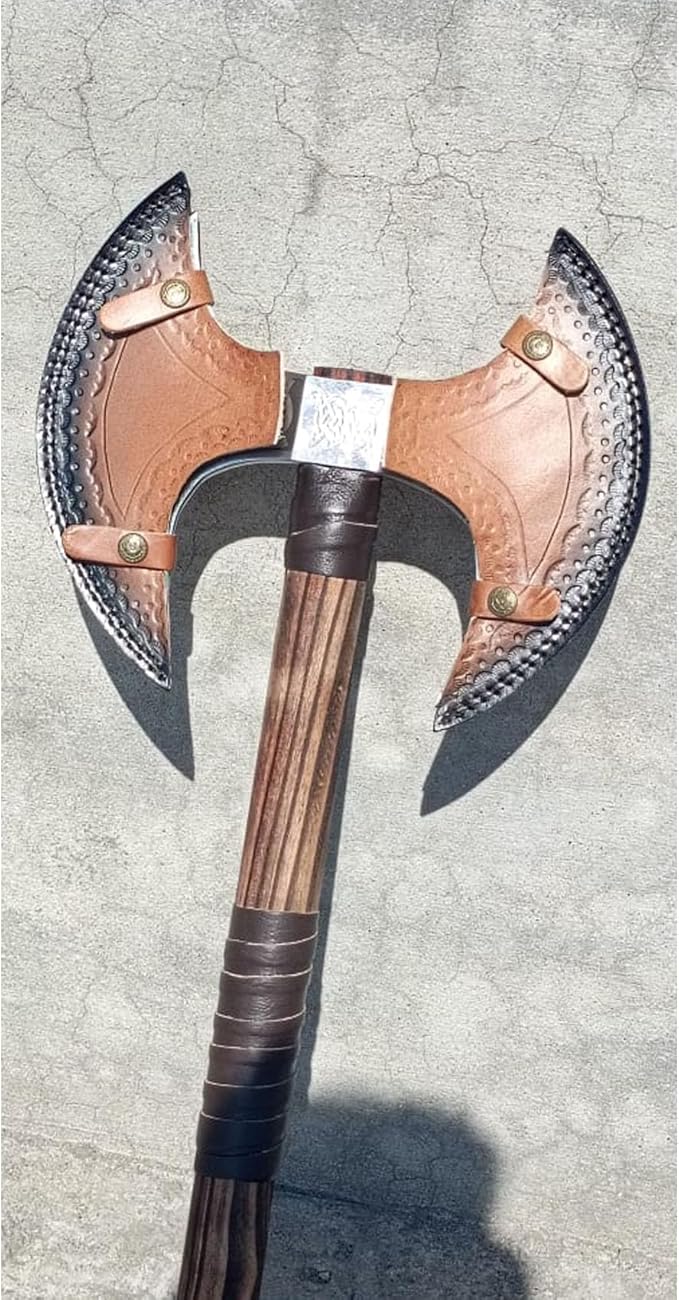Handmade Double Head Berserker Axe, Large Norse Axe, Hand Forged Steel Axe,Double Blade Axe with Leather Sheath Camping Two Sided Axes Valentine's Day Gift, Aromer Axe Gift (VK-Ax-10)
