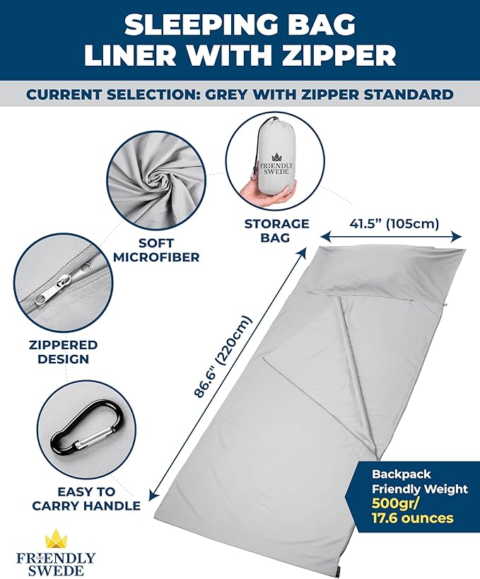 The Friendly Swede Sleeping Bag Liner - Cold Weather Camping Sheets & Adult Sleep Sack with Full Length Zipper; Microfiber Soft Travel Sheets for Hotel with Stuff Sack - Grey (Zipper)