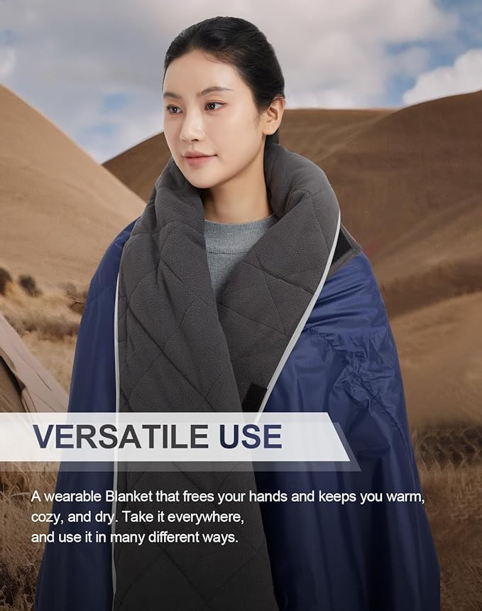 C-LIGHT Outdoor Hoodie Blanket - Stadium Blankets Waterproof Windproof - 79’‘x59’‘ Warm Blanket for Rain&Cold weather - Perfect for Picnic, Camping, Outdoor Sports Event, Stadium, Beach (DarkNavyBlue)