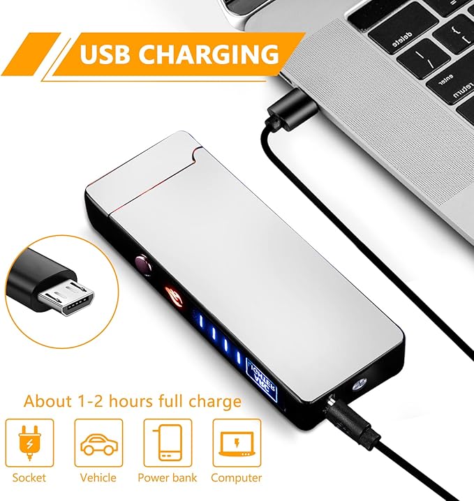 GADATOP Arc Lighter Rechargeable Windproof Flameless Electric Lighters for Outdoors Camping Hiking, Plasma Lighter with LED Battery Indicator and Gift Box (Silver)