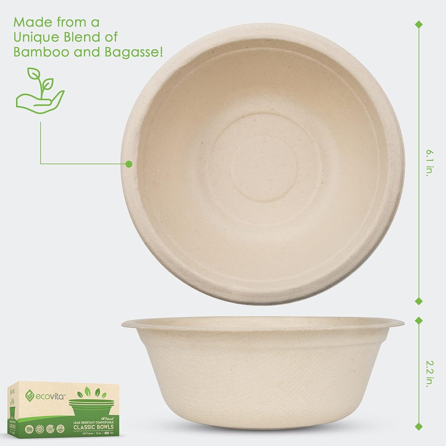 100% Compostable Paper Bowls [16 oz.] – 150 Disposable Bowls Eco Friendly Sturdy Tree Free Liquid and Heat Resistant Alternative to Plastic or Paper Bowls