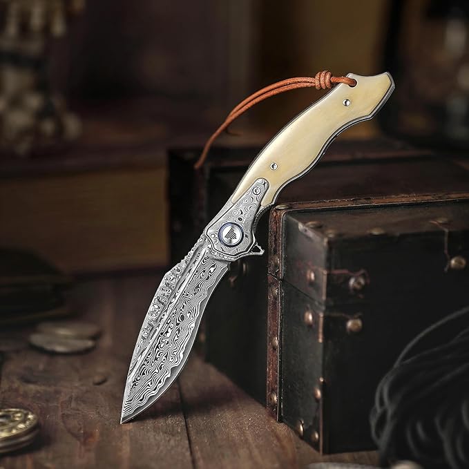 Lepus-02｜4.09" Damascus Folding Knives & Pocket Knife for Men, EDC Flipper Knife with Leather Holster，Hand Polished OX Bone Scale，Collections, Gift Box