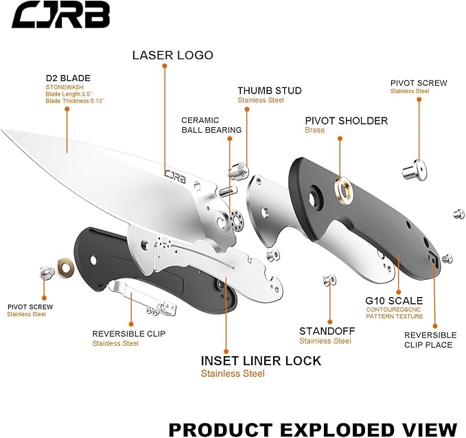 CJRB Folding Knife Feldspar Pocket Folding Knife Stonewash D2 Steel Blade G10 Tactical Handle EDC Knife Black Handle(J1912)