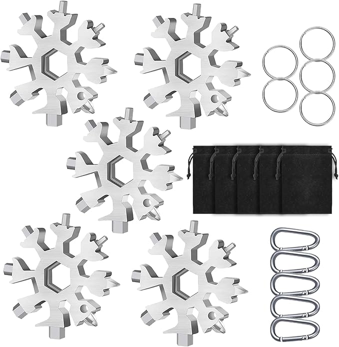 Snowflake Multitool, 5 Pieces 18-in-1 Stainless Steel Snowflake Standard Multitool, Snowflake Tool with Key Ring, Carabiner Clip and Gift Bag (Silver)