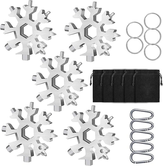 Snowflake Multitool, 5 Pieces 18-in-1 Stainless Steel Snowflake Standard Multitool, Snowflake Tool with Key Ring, Carabiner Clip and Gift Bag (Silver)