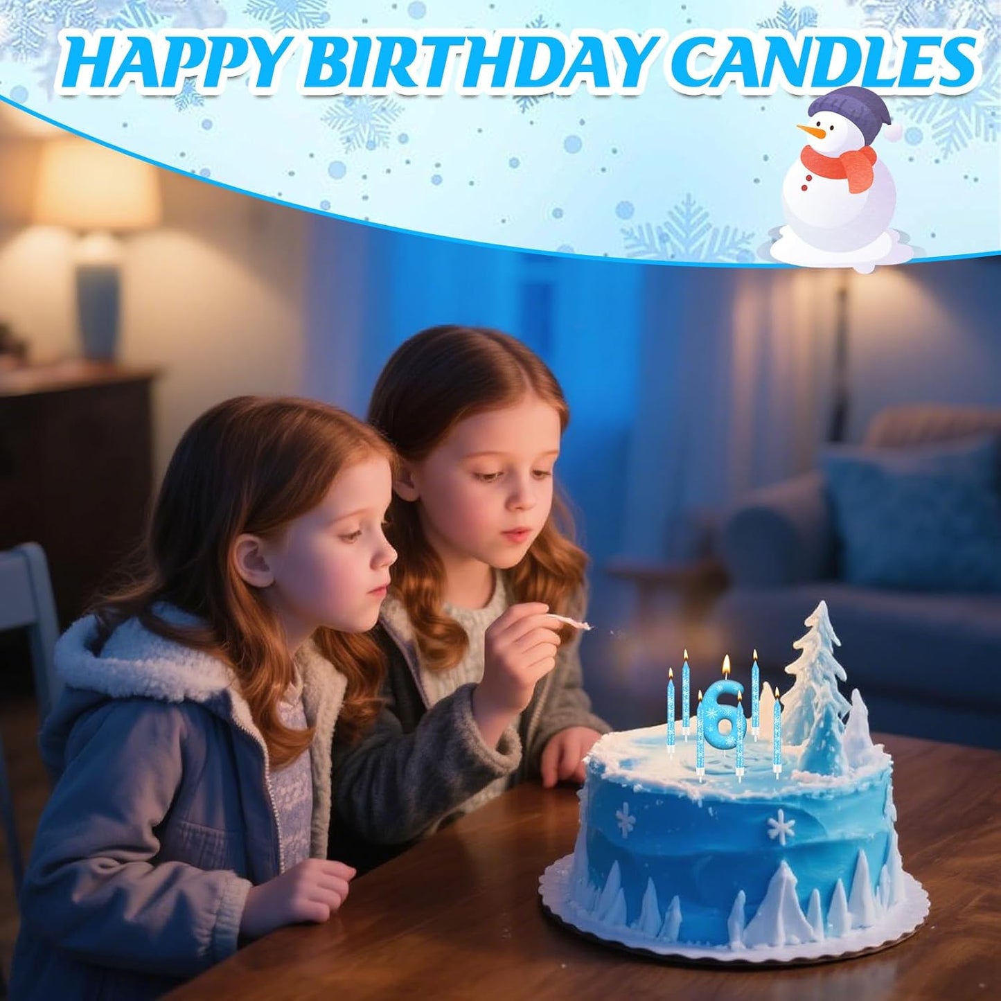 13PCS White and Blue Frozen Themed Party Birthday Candles Set - Blue Number Candles Snowflake Themed Decorations, Girls Party Supplies(Number 6)
