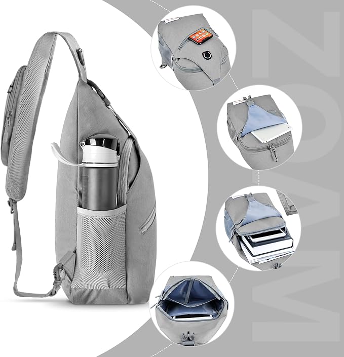 ZOMAKE Sling Bag for Women Men, Small Crossbody Sling Backpack, Mini Water Resistant Shoulder Daypack for Travel, Anti Thief Chest Bag for Hiking, Sports, Grey(new)