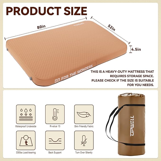 UPWELL Self Inflating Sleeping Pad 4.5" Thickness Camping Mattress with Solid Foam Double Sleeping Mat Portable Fast Inflation for Outdoor Mat Portable Roll Up Bed Brown