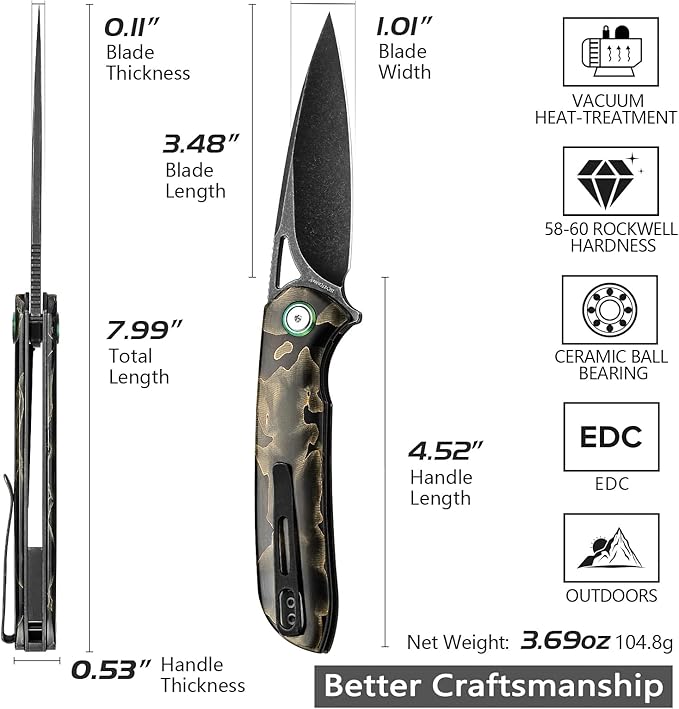Folding Knife,3.48" Black PVD Blade Raffir Noble Handle with Deep Carry Pocket Clip,Cool Camping Hunting Flipper Knives for Men,Sgr-07