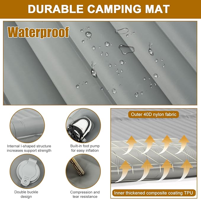 Double Sleeping Pad for Camping, 4.72" Ultra-Thick Self Inflating Camping Pad 2 Person with Pillow Built-in Foot Pump Portable Camping Pad for Backpacking, Hiking, Tent, Traveling(Grey)