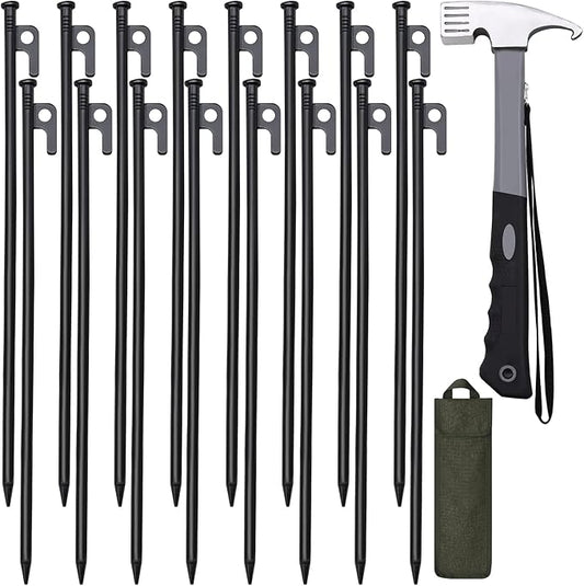 16pcs Tent Stakes and Hammer Set, 16in Heavy Duty Forged Steel Tent Stakes + Camping Hammer + Storage Pouch, Available in Rocky Place (16pcs 16in Stake+Hammer)